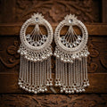 Vintage Silver Oxidized Chandbali Chain Tassel Earrings with Crystal Detailing