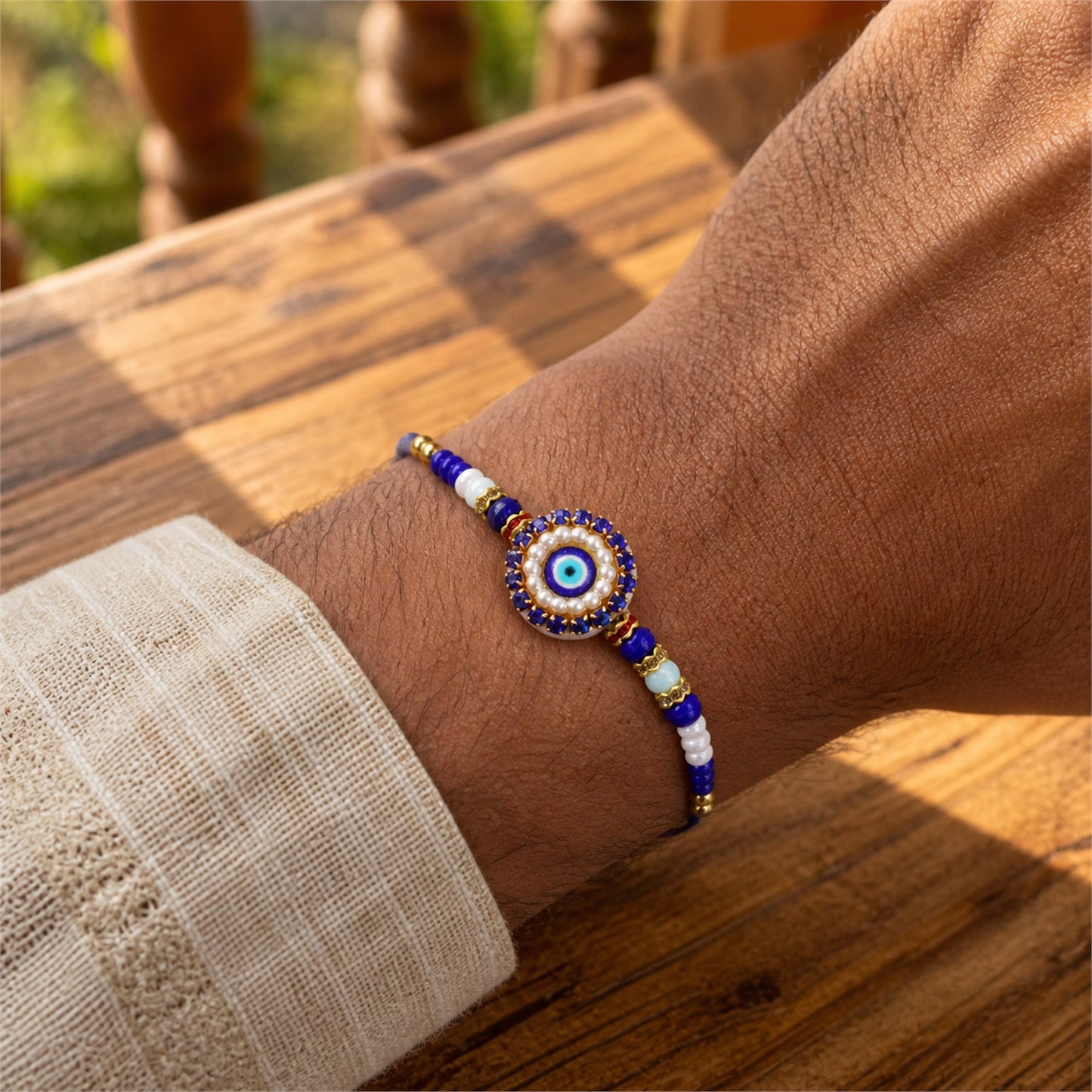 Premium Round Nazar Evil Eye Studded Multicolor Bead Rakhi