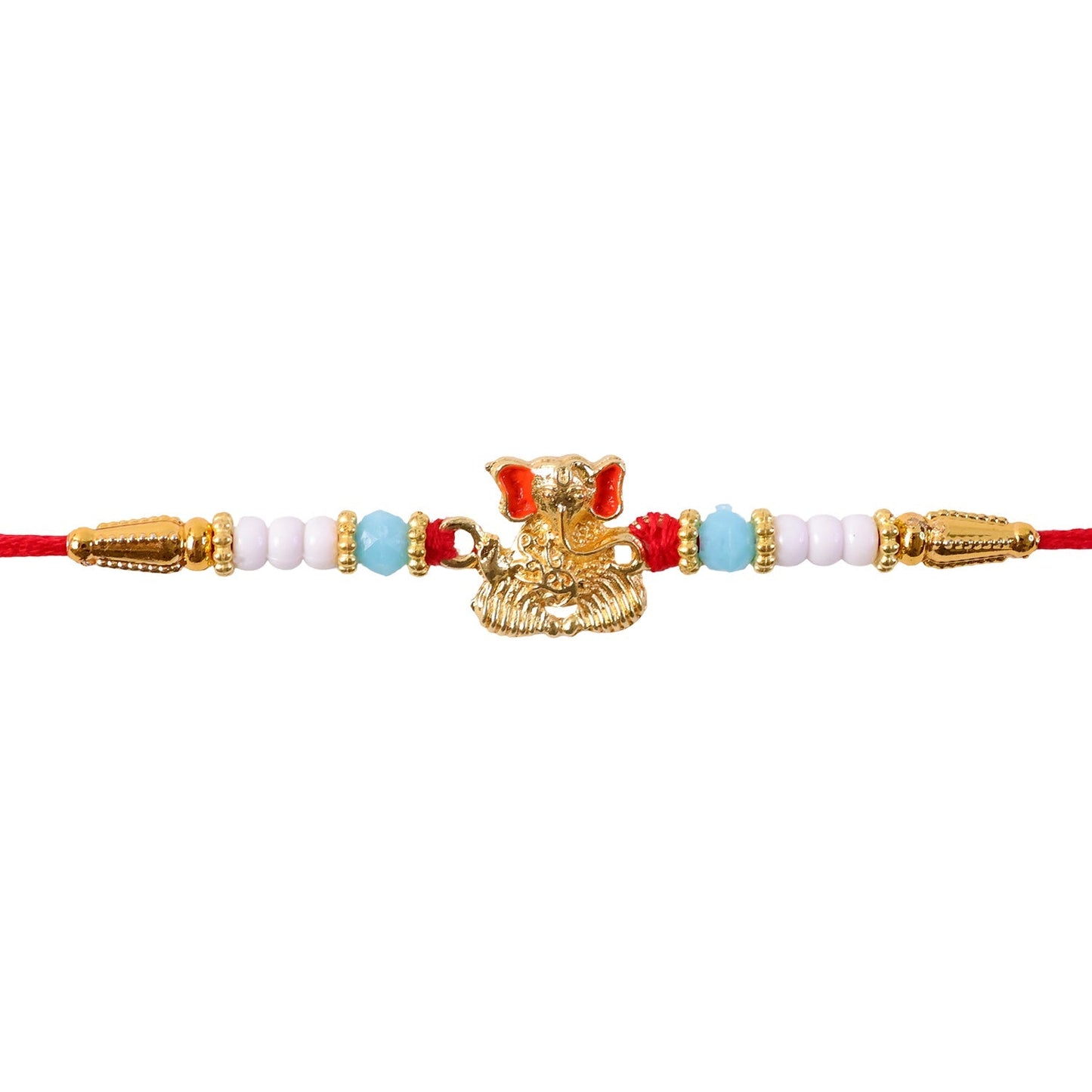 Golden Ganesha Rakhi Aqua Blue Beaded Thread for Brother (5pcs)