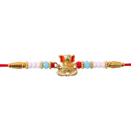 Golden Ganesha Rakhi Aqua Blue Beaded Thread for Brother (5pcs)