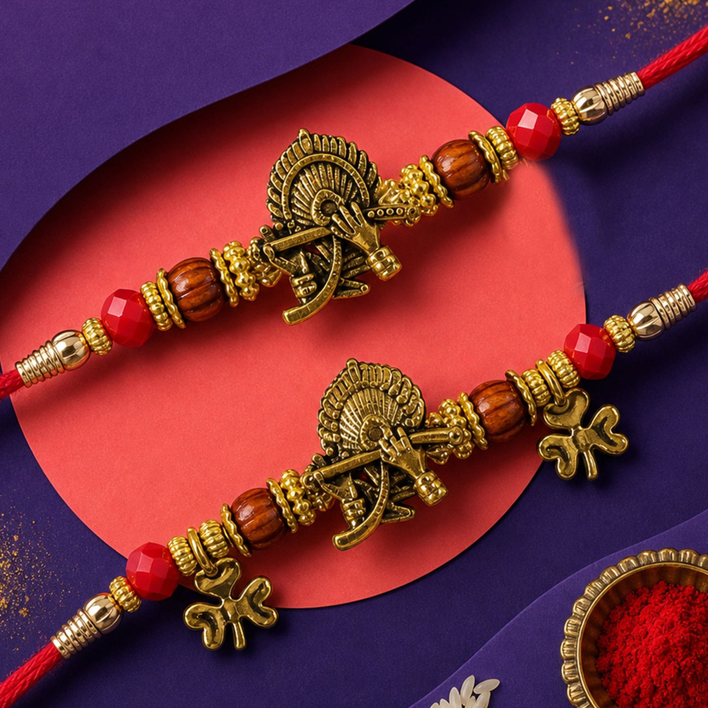 Flute Peacock Feather Rakhi Set with Wooden Beads for Festive Couple Gift Giving