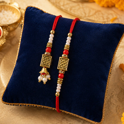 Geometric Rectangle Bhai Bhabhi Rakhi with Rectangular Emblem and Pearls for Gifting
