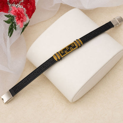 Star Cutout Bracelet Rakhi with Black Band and Gold-Silver Plate for Raksha Bandhan