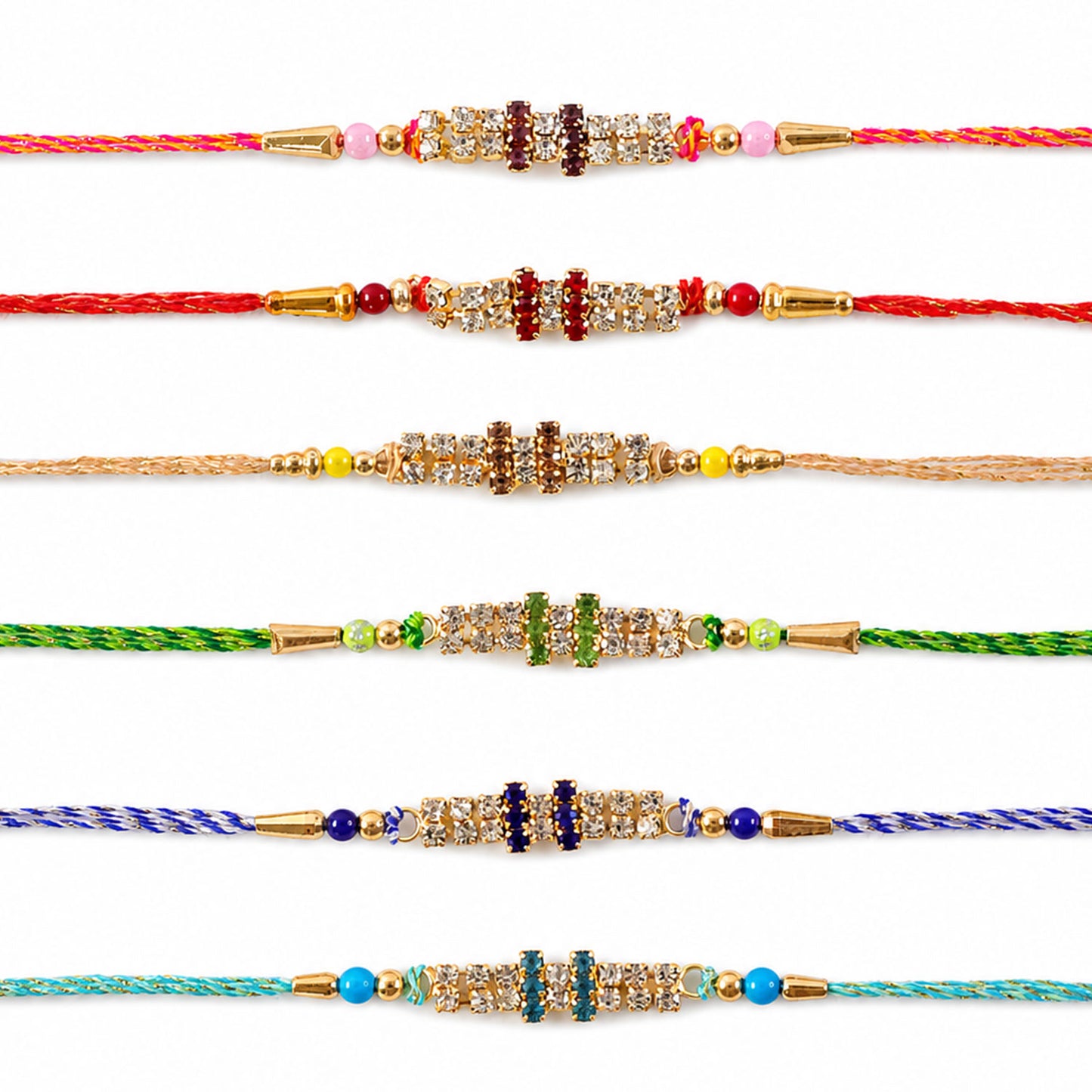 Twin Stone Band Rakhi in Mix Colour Silk Threads (Pack of 6)