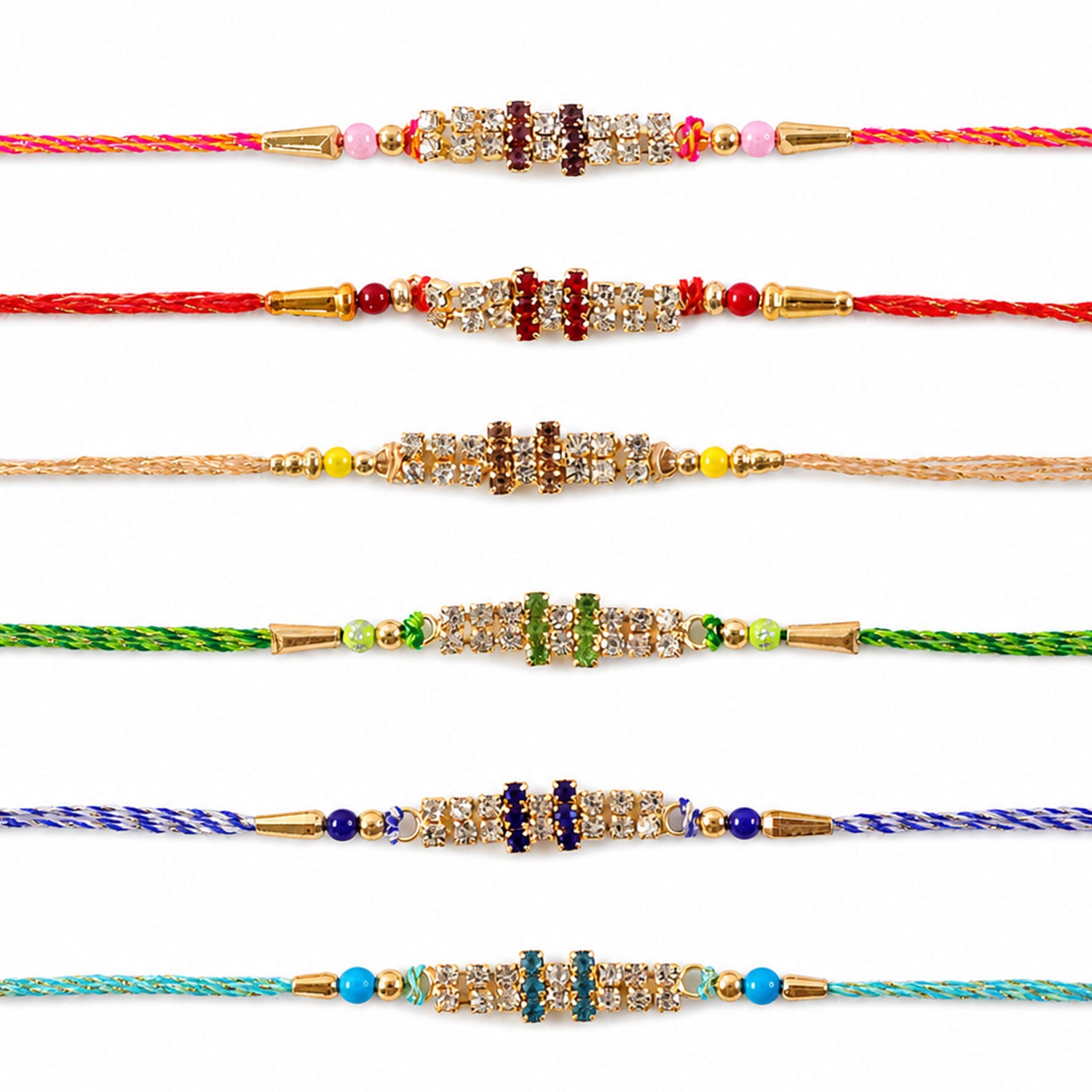 Twin Stone Band Rakhi in Mix Colour Silk Threads (Pack of 6)