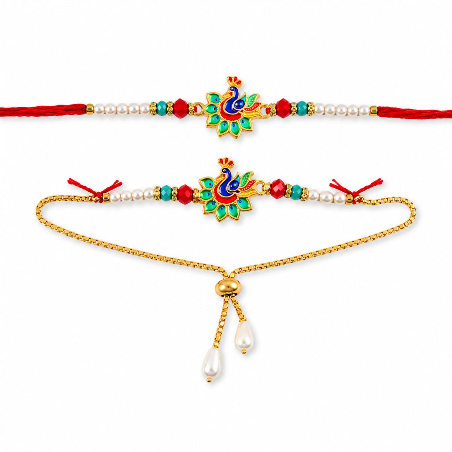 Bhaiya Bhabhi Peacock Meenakari Rakhi & Pearl Drop Lumba Combo