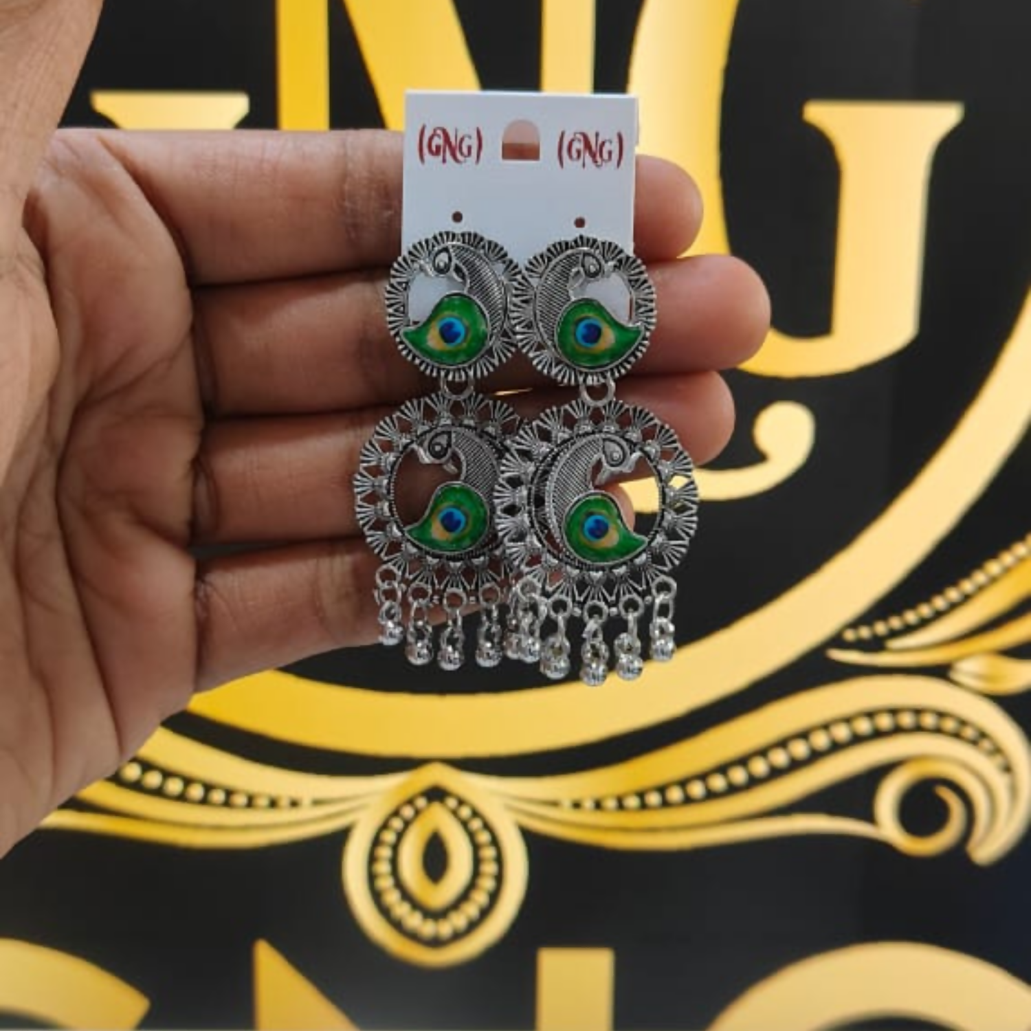 Oxidised Silver Peacock Motif Drop Jhumka Earings