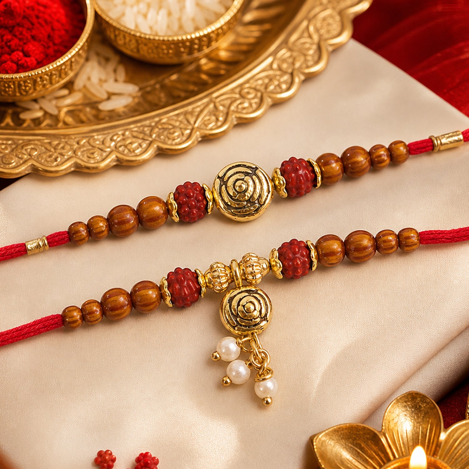 Amber Beaded Rose Couple Rakhi Set with Rudraksha Style Accents and Pearl Lumba Gift