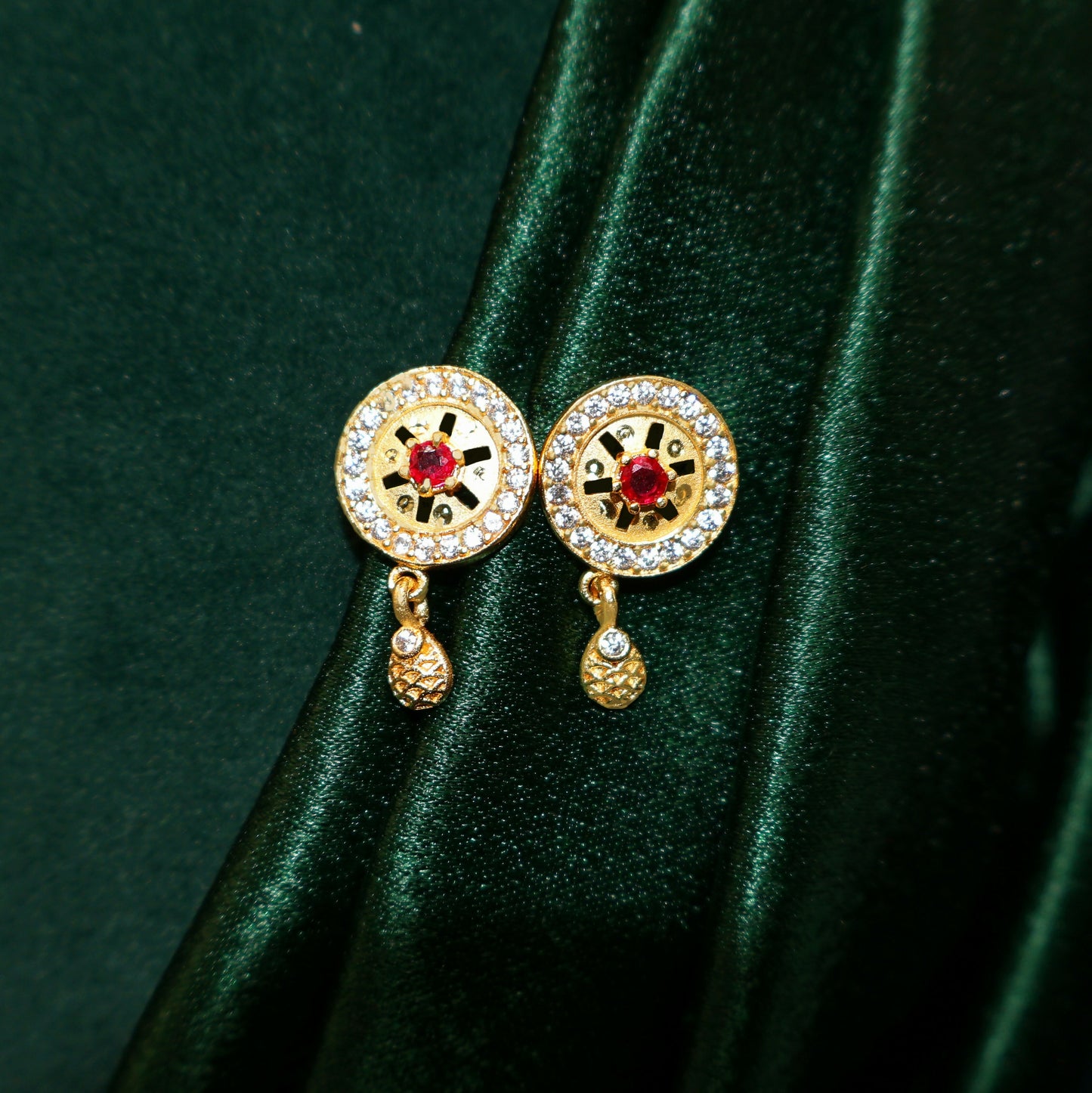 Gold Plated Round Pendant Forming Necklace Set with Ruby Stone & AD Detailing