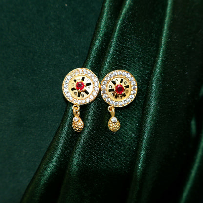 Gold Plated Round Pendant Forming Necklace Set with Ruby Stone & AD Detailing