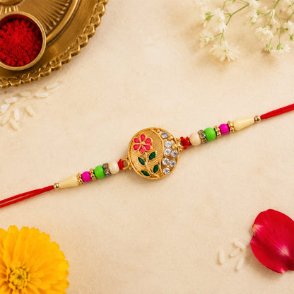 Flower Design Rakhi with Red and Green Beads Festive Elegance (5pcs)