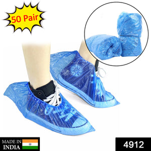 Plastic shoe covers with elastic band, suitable for wet conditions.