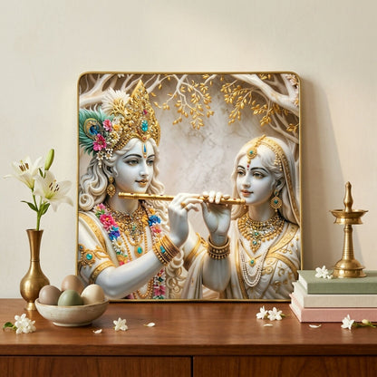 Close-up of 3D embossed detailing on Radha Krishna wall frame