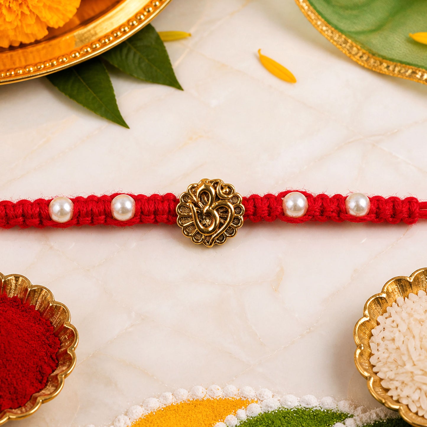 Red Braided Rakhi with Antique Gold Om Pendant and Lustrous Pearls