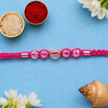 Pink Beaded Rakhi with Rose-Toned Sparkling Crystal Stones