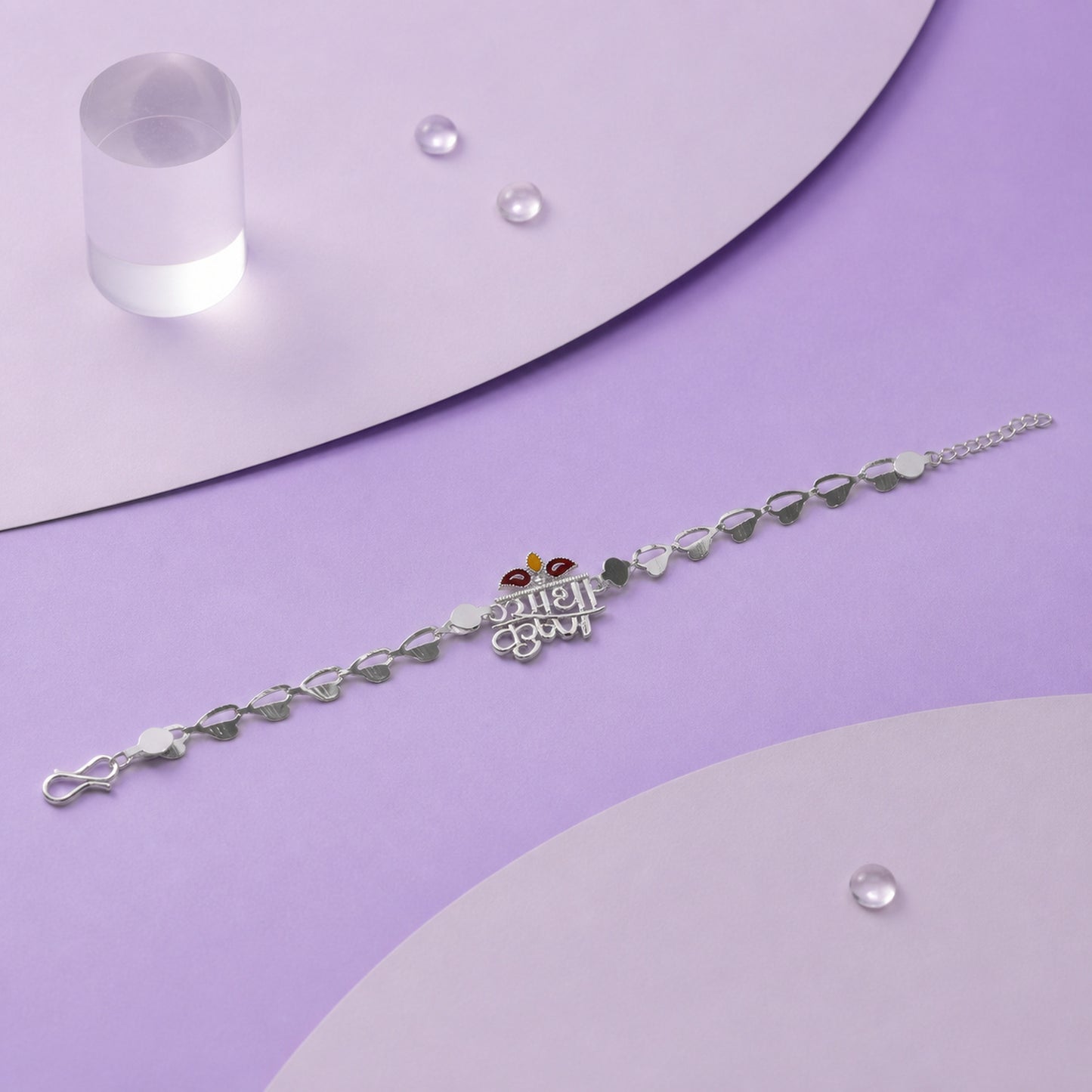 Radha Krishna Silver Motif Enamel Petal Chain Rakhi