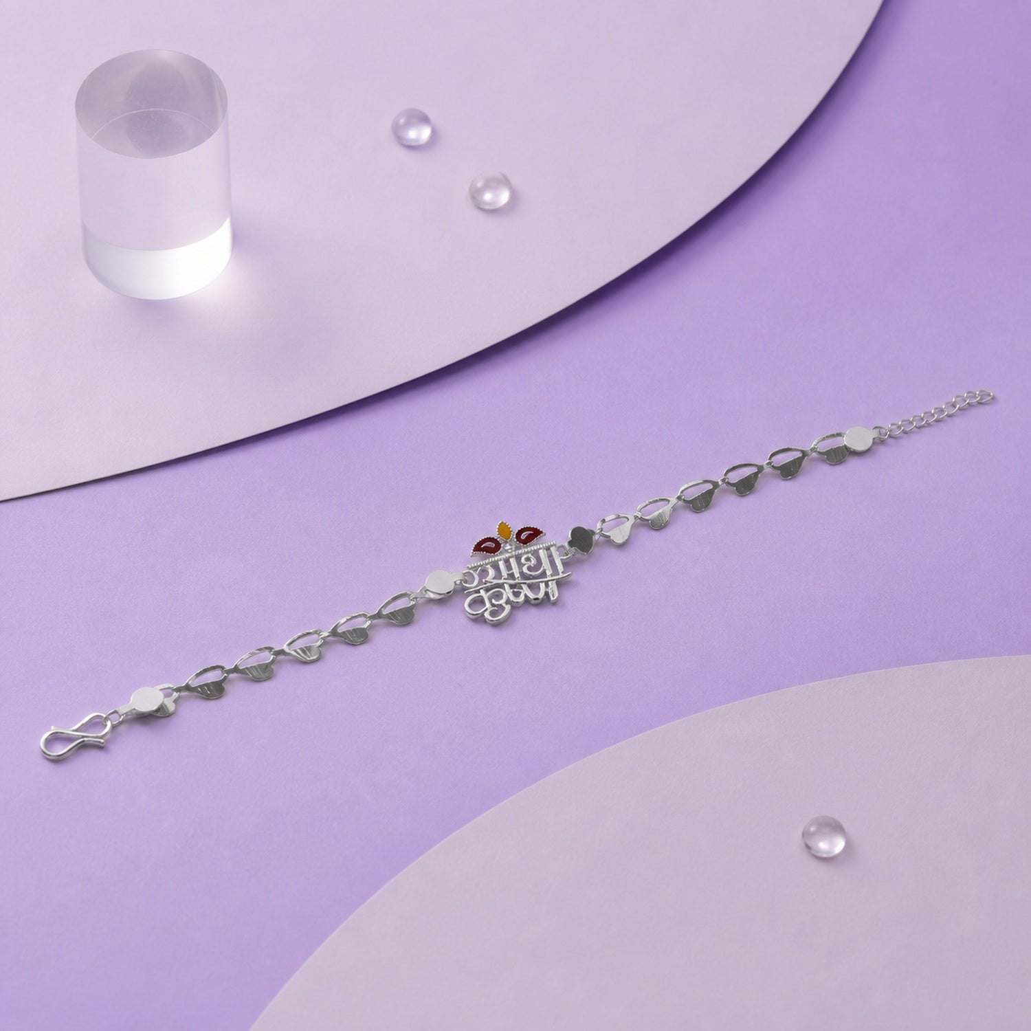 Radha Krishna Silver Motif Enamel Petal Chain Rakhi