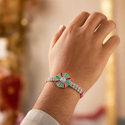 Elegant Rakhi showcasing Chakra Wheel Charm, crystal accents and wrist style for Gift