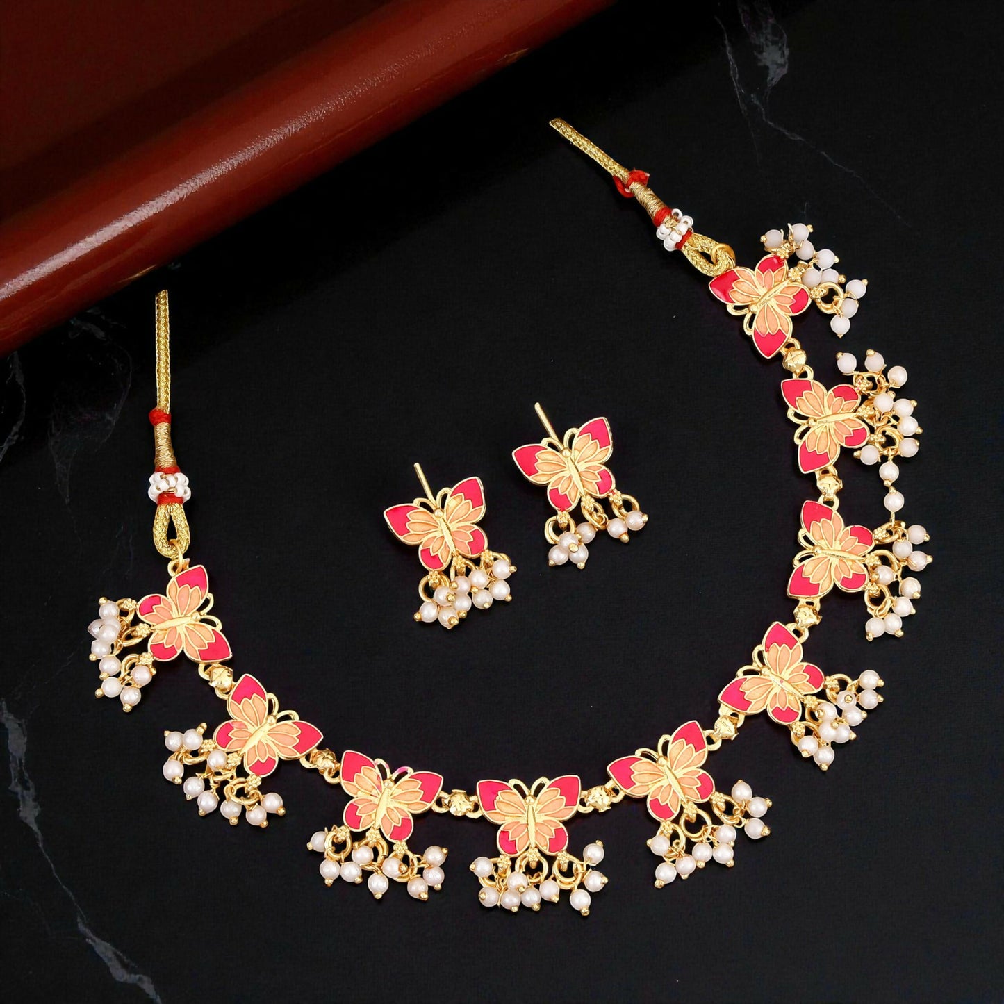 Artistic Meenakari Butterfly Choker Necklace Set with Pearl Drops