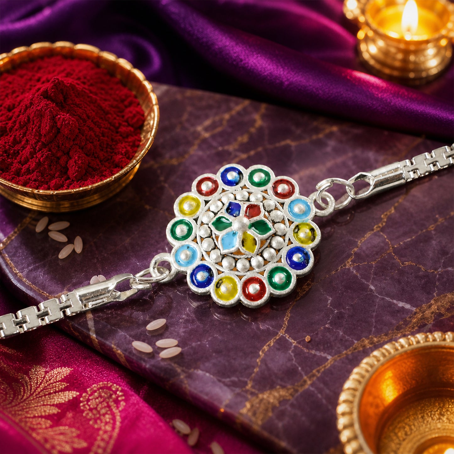 Floral Mandala Enamel Circles Beaded Silver Chain Designer Rakhi