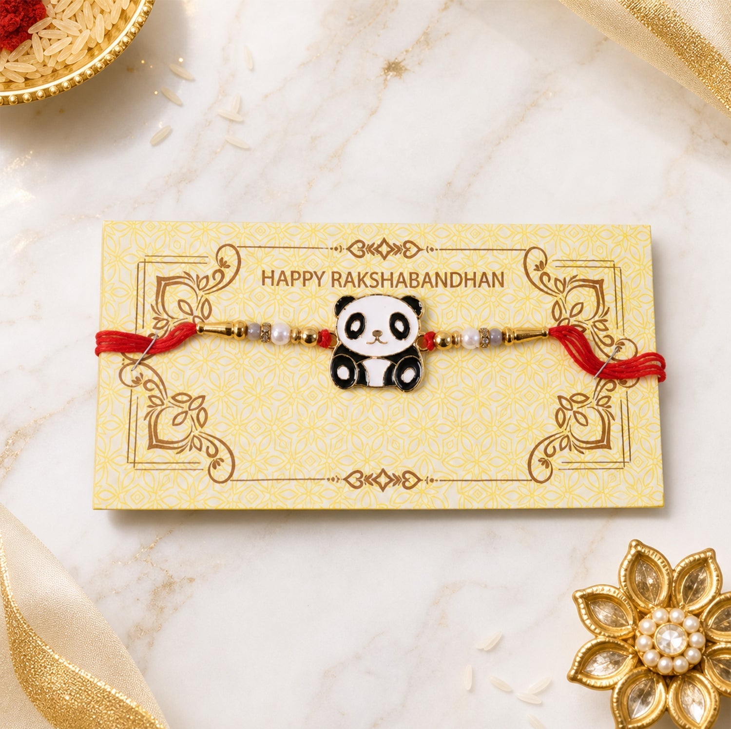 Kids Rakhi Cute Panda Charm with Pearl Beads for Brothers (10pcs)