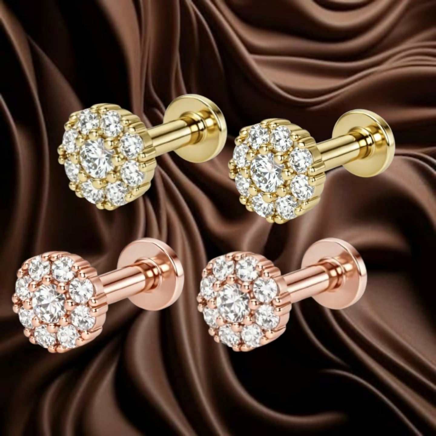 Combo pack of gold and rose gold plated flower stud earrings with cubic zirconia cluster design