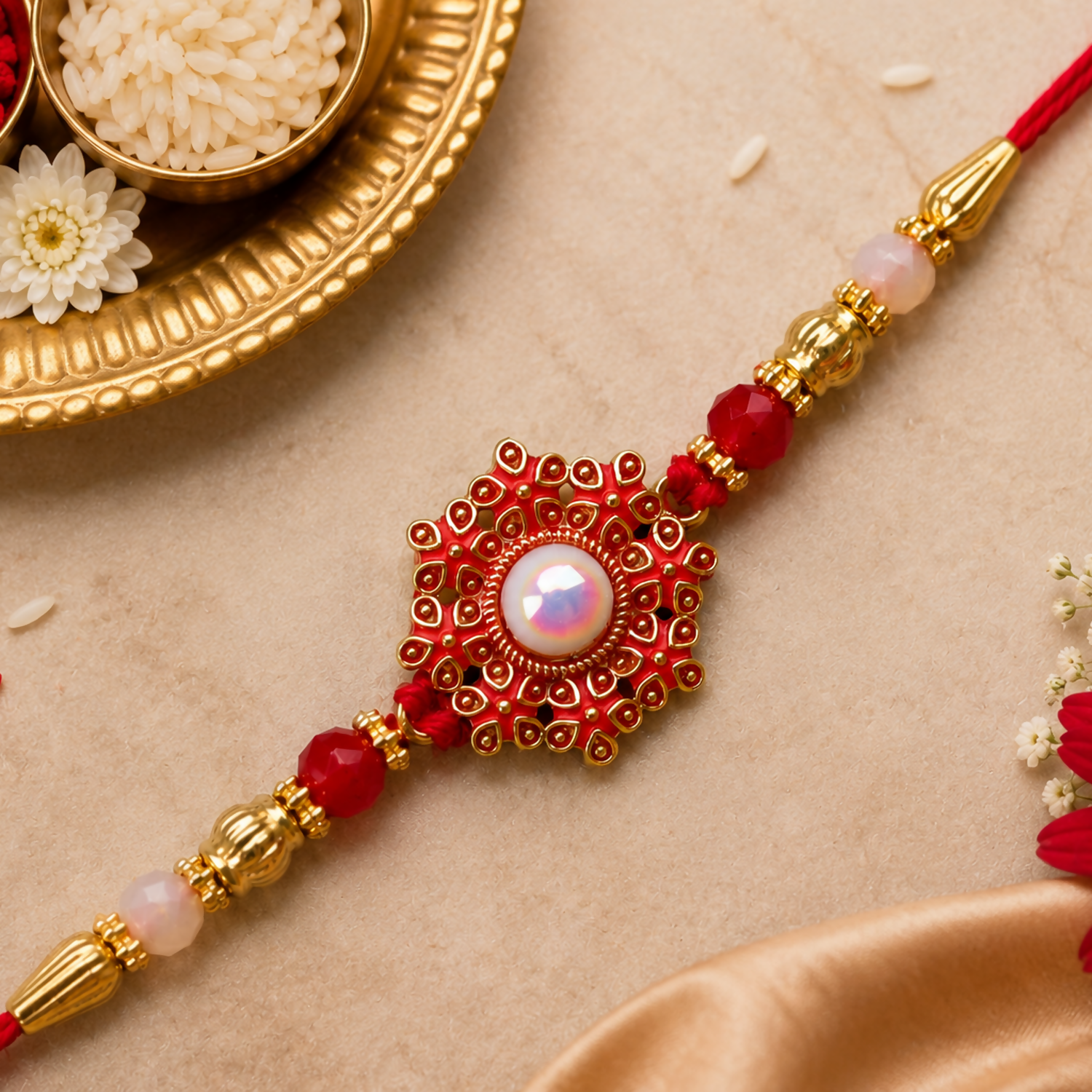 A red and gold bracelet with a central red and gold floral medallion, adorned with a white pearl, on a textured beige