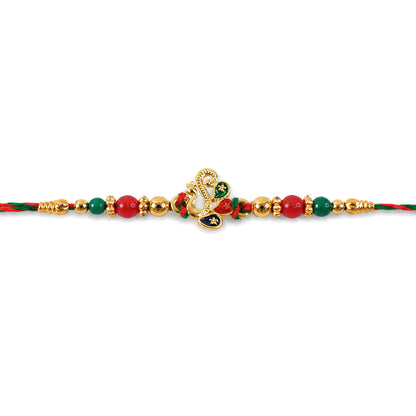 Colorful Enamel Peacock Pendant Rakhi with Red and Green Beads