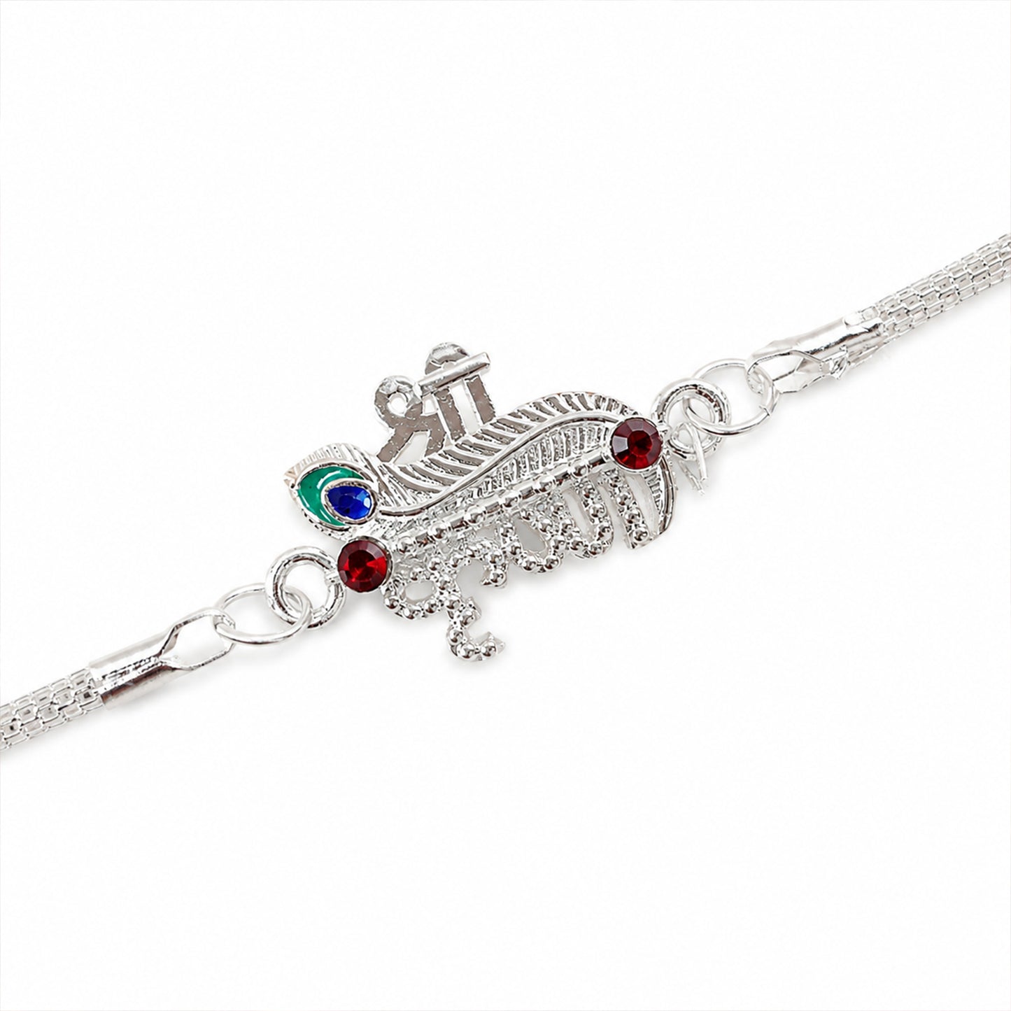 Shri Krishna Feather Enamel Stone Silver Chain Designer Rakhi