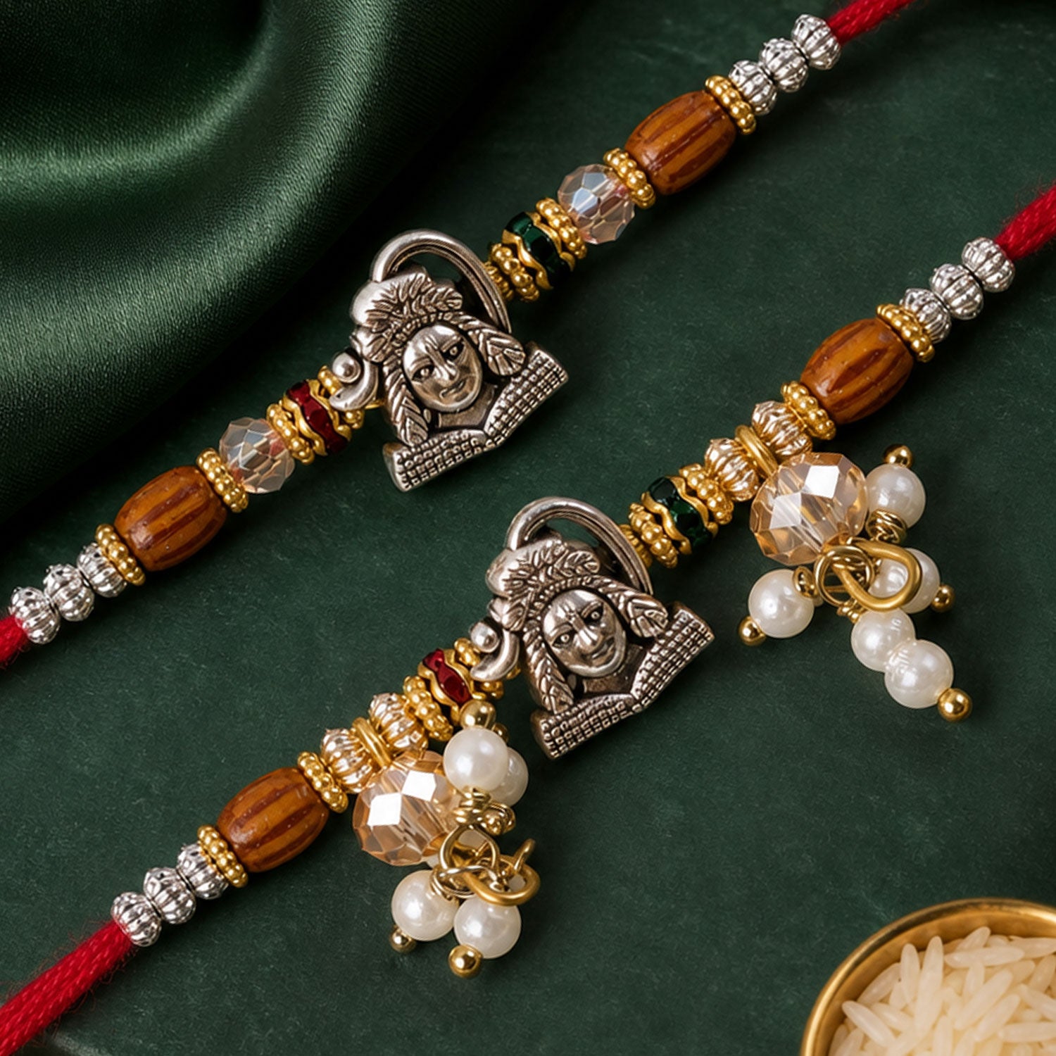 Antique Krishna Couple Rakhi Set with Wooden Beads and Pearl Lumba for Bhaiya Bhabhi