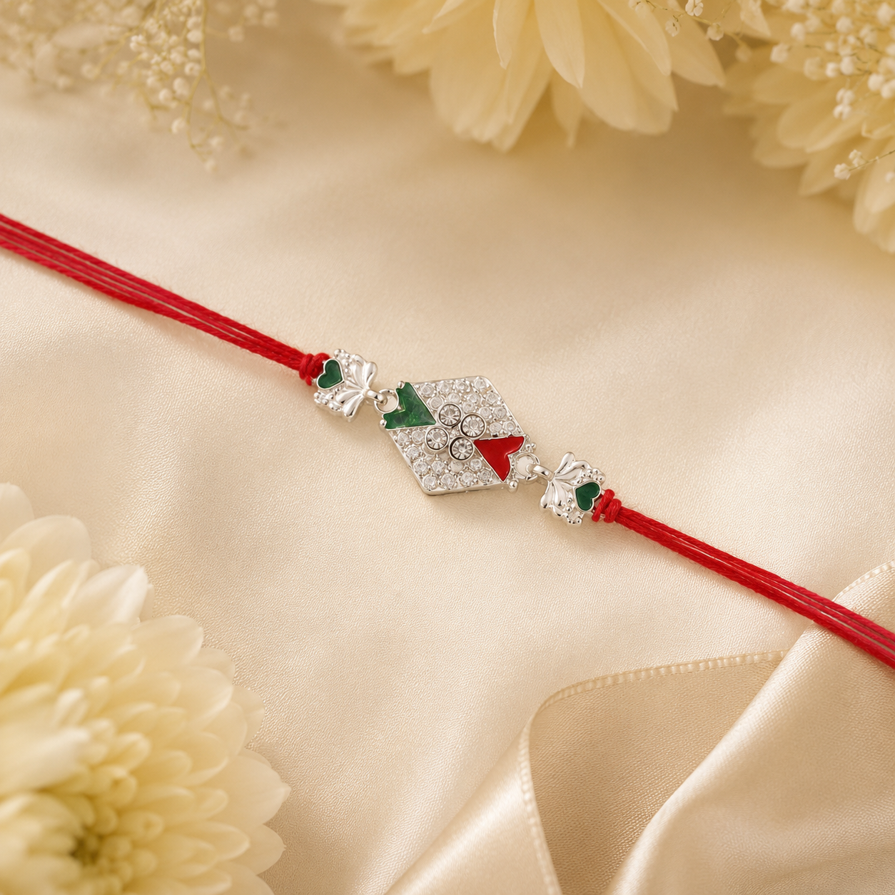 Silver Diamond Rakhi with Red Green Stones and Elephant Charms