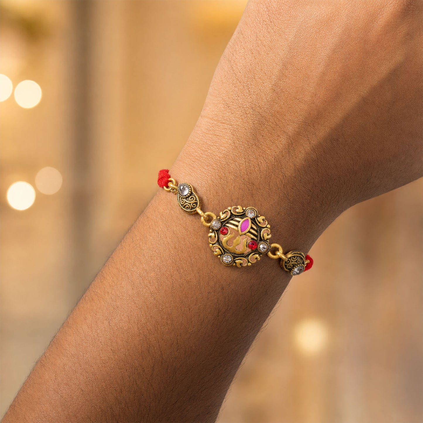 Premium Rakhi showcasing Ornate Floral Medallion, gold trims and gift style for Gift