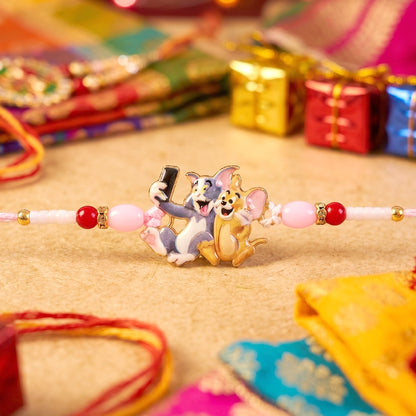 Cute Cartoon Cat and Mouse Selfie Kids Rakhi