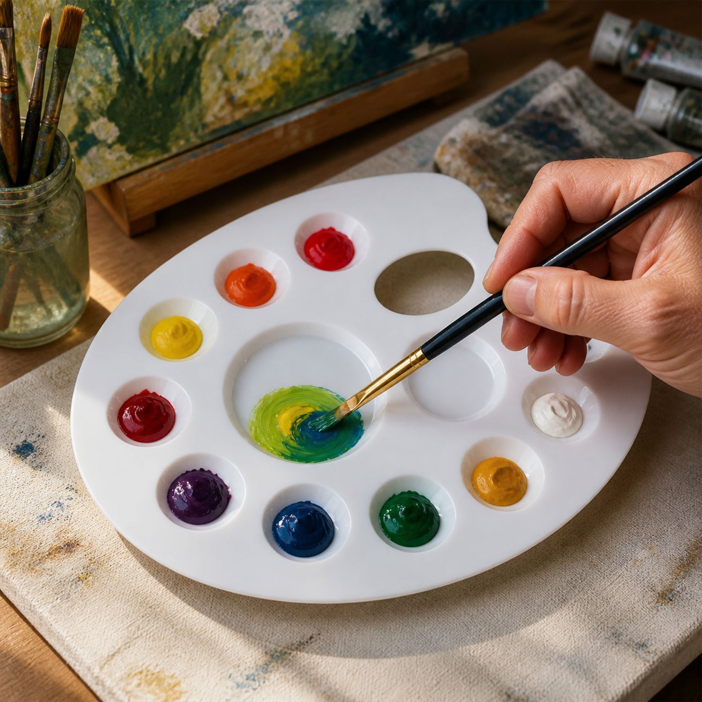 Big Oval Colour Mixing Plate 10 Well Paint Palette with Thumb Hole for Kids, Artists