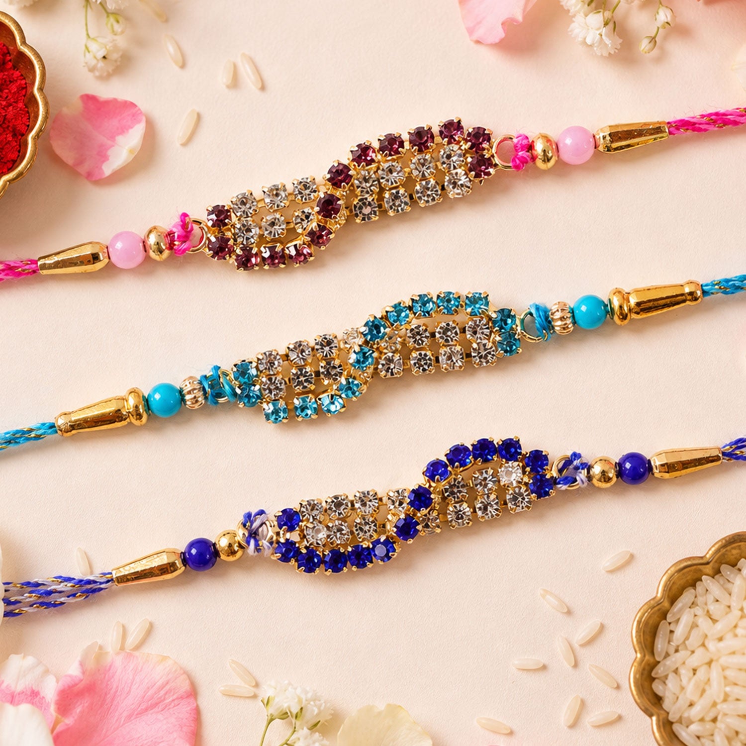 Wave Shaped AD Stone Rakhi for Brother with Beads (Pack of 6)
