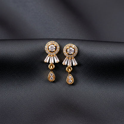 Gold plated CZ stud drop earrings front view showcasing elegant round stones
