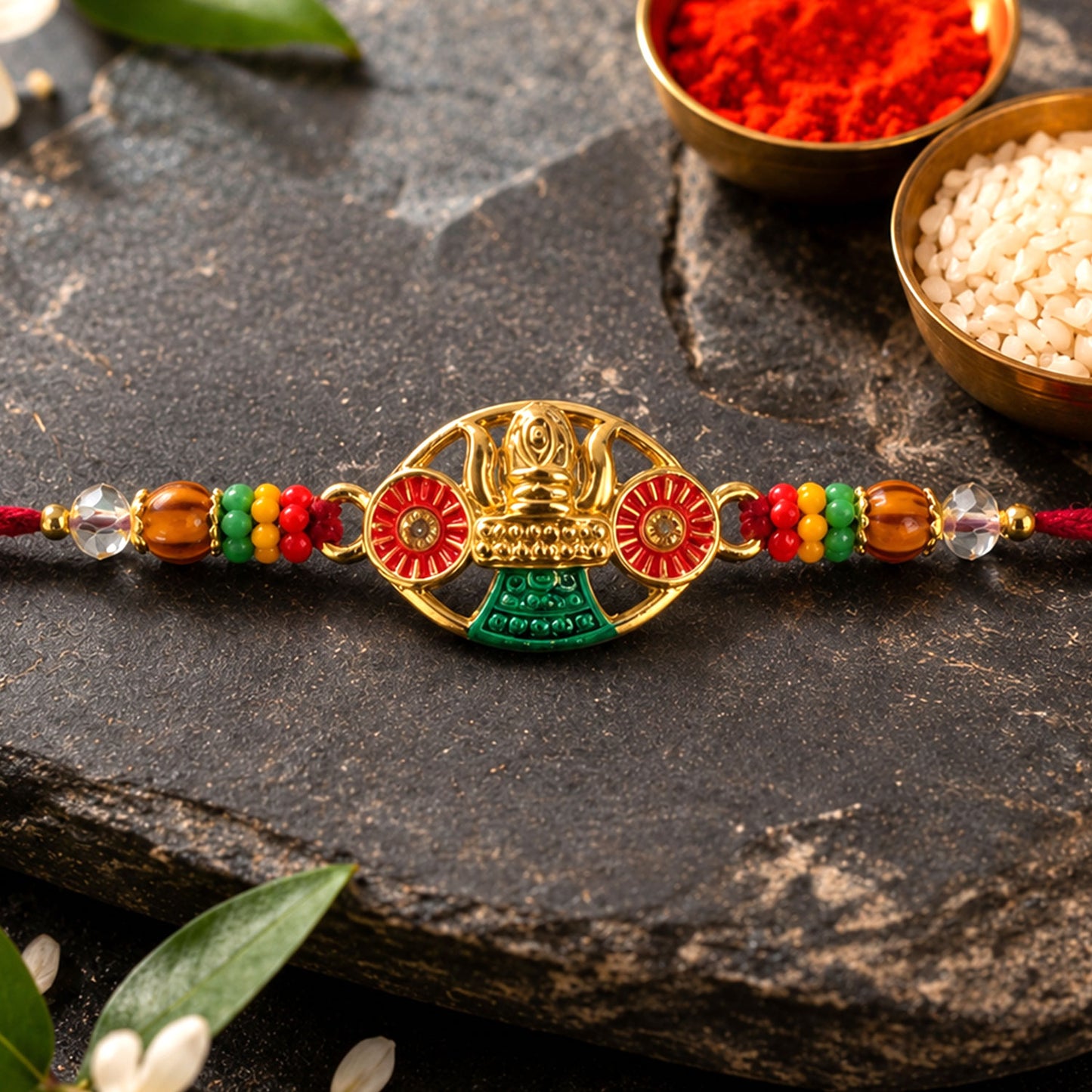 Golden Kalash Temple Devotional Rakhi with Red Green Details and Festive Beads