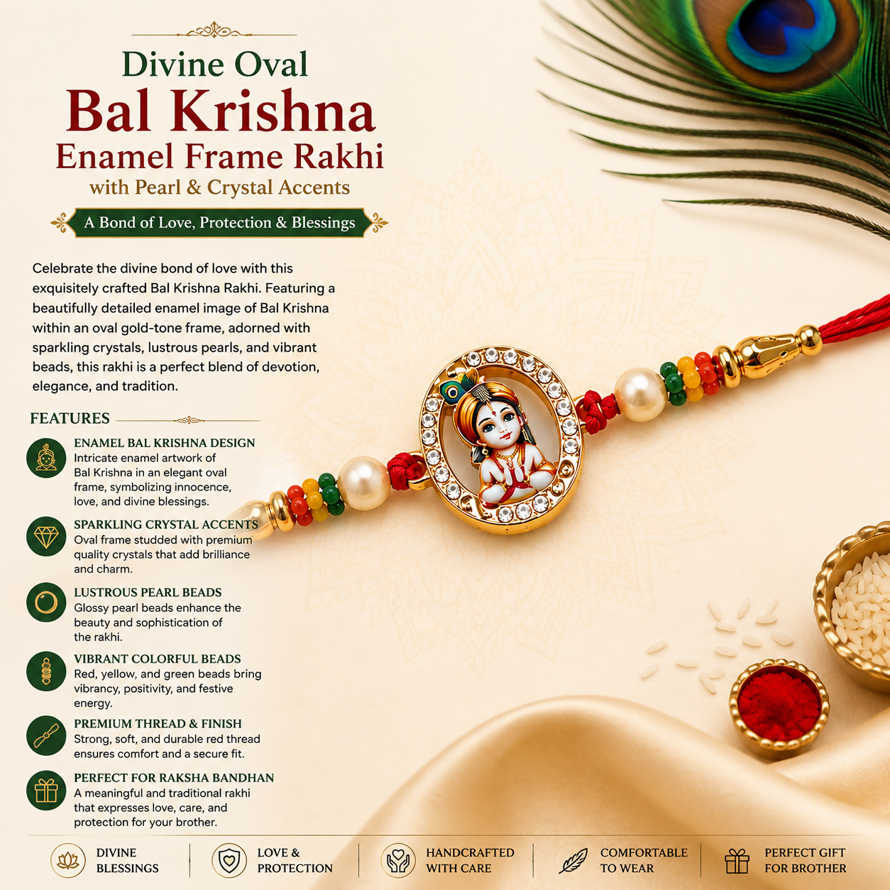 A red thread bracelet with a gold oval Bal Krishna charm, pearls, and colorful beads is on a white background with product
