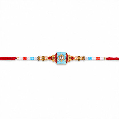 Sky Blue-Red Meenakari Designer Bhaiya Rakhi for Brother with Beads Gift