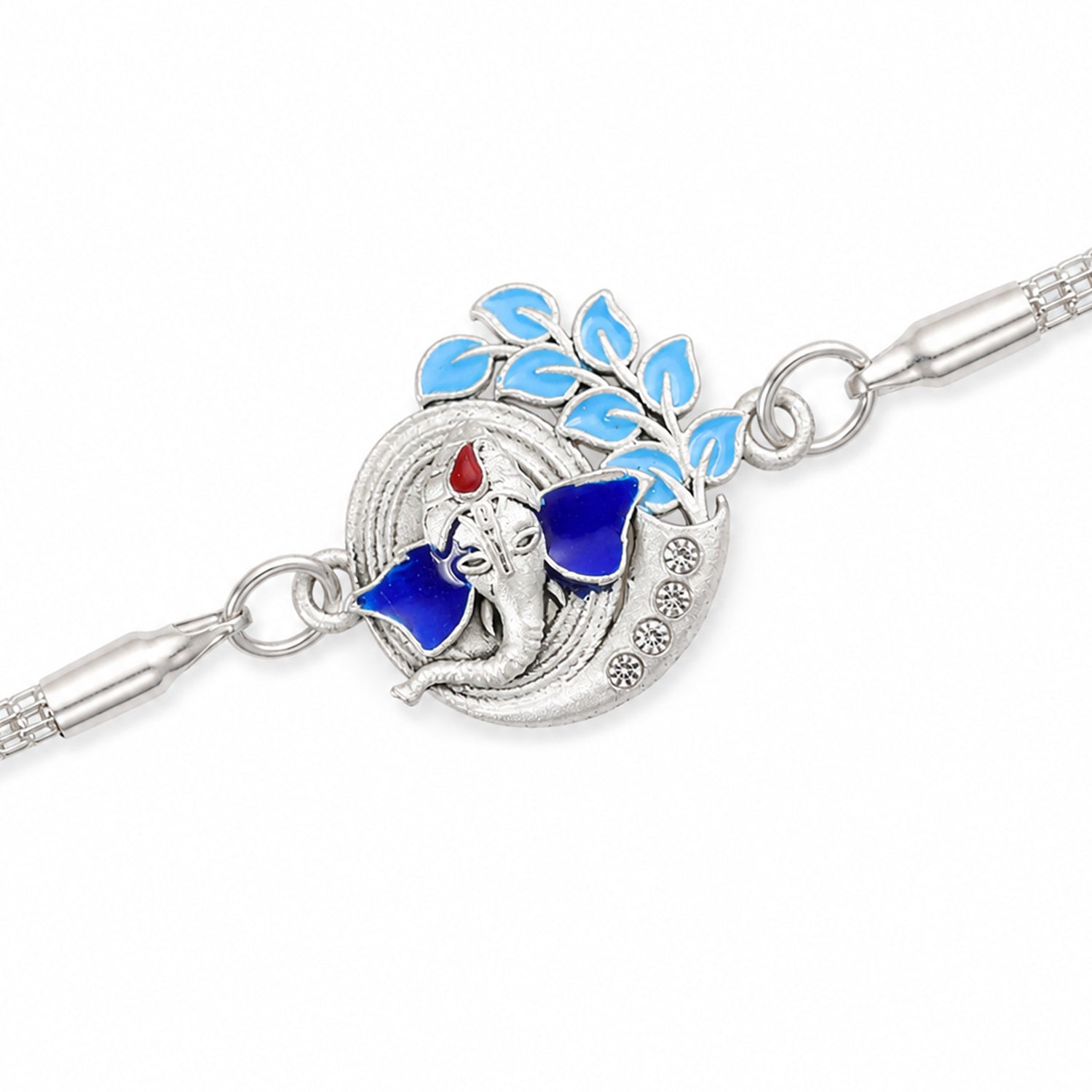 Ganesh Leaf Enamel Crescent Studded Silver Chain Designer Rakhi
