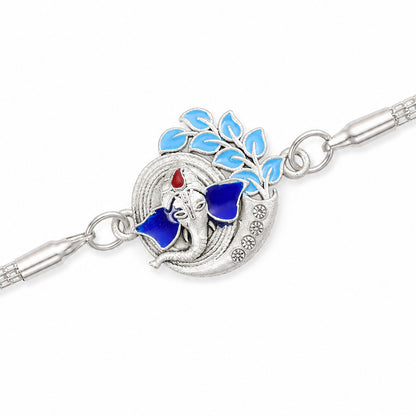 Ganesh Leaf Enamel Crescent Studded Silver Chain Designer Rakhi