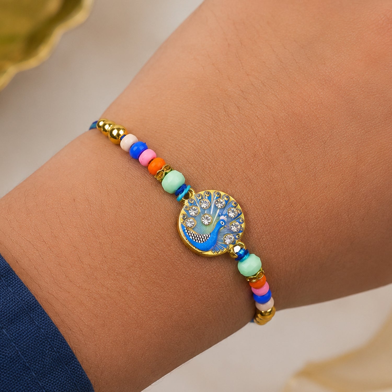 Rakhi for Brother Meenakari Peacock Crystal Beads Design (5pcs)