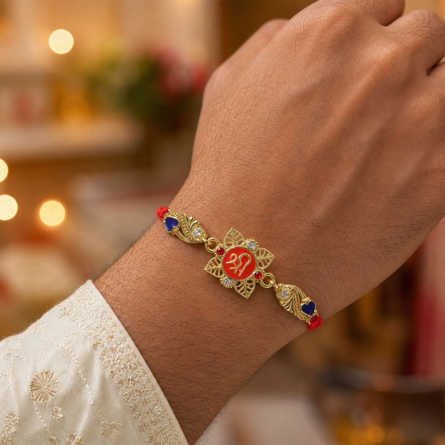 Festive Rakhi featuring Shri Plaque, leaf detail and thread style for Product Display