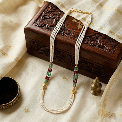 Elegant White Beaded Mala with Red & Green Traditional Design for Women