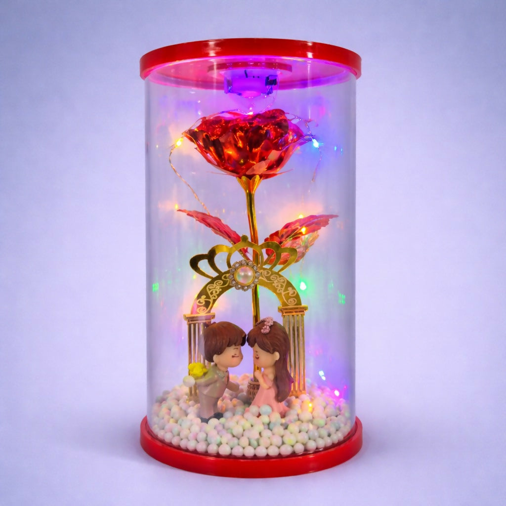 LED Rose Dome with Couple Figurine Romantic Decorative Showpiece