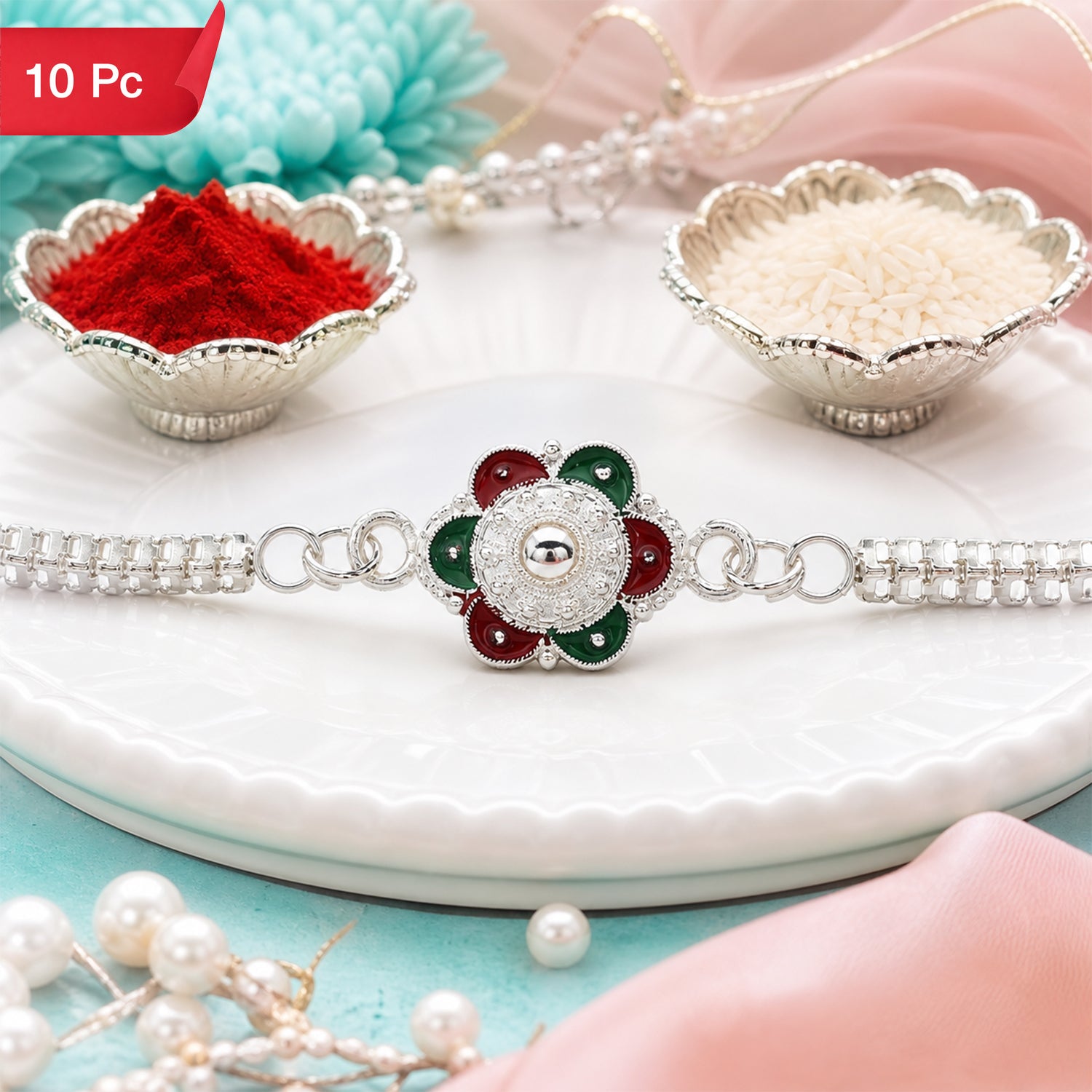 Buy Flower Rakhi for Brothers Silver Finish Mirror Stone (10pcs)