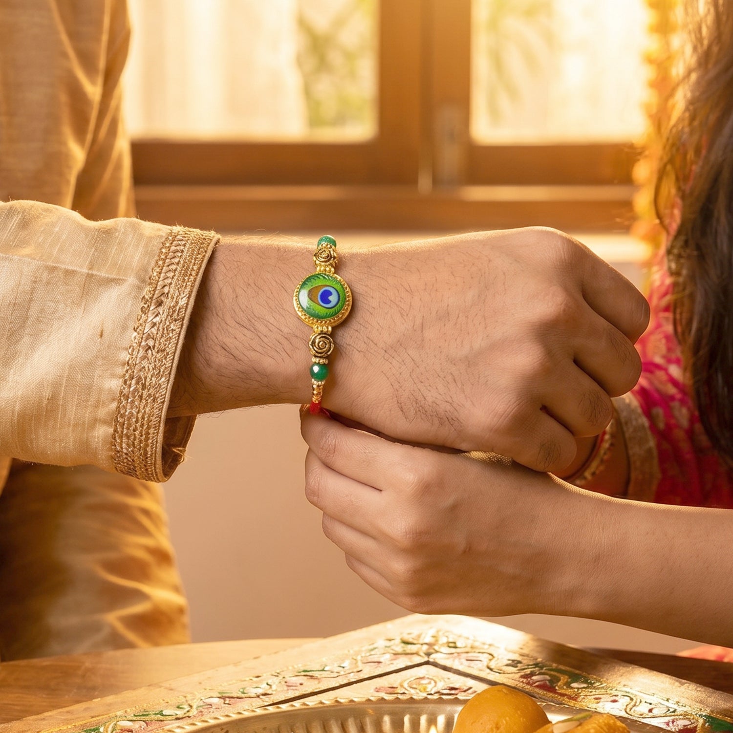 Morpich Bhaiya Bhabhi Lumba Rakhi with Green Beads and Gold Hanging Charm