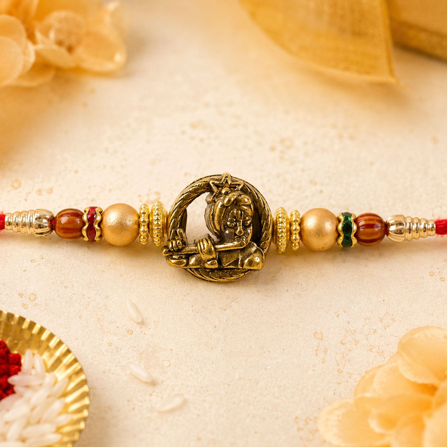 Kanha Krishna Name Devotional Rakhi with Golden Flute Detail and Red Thread