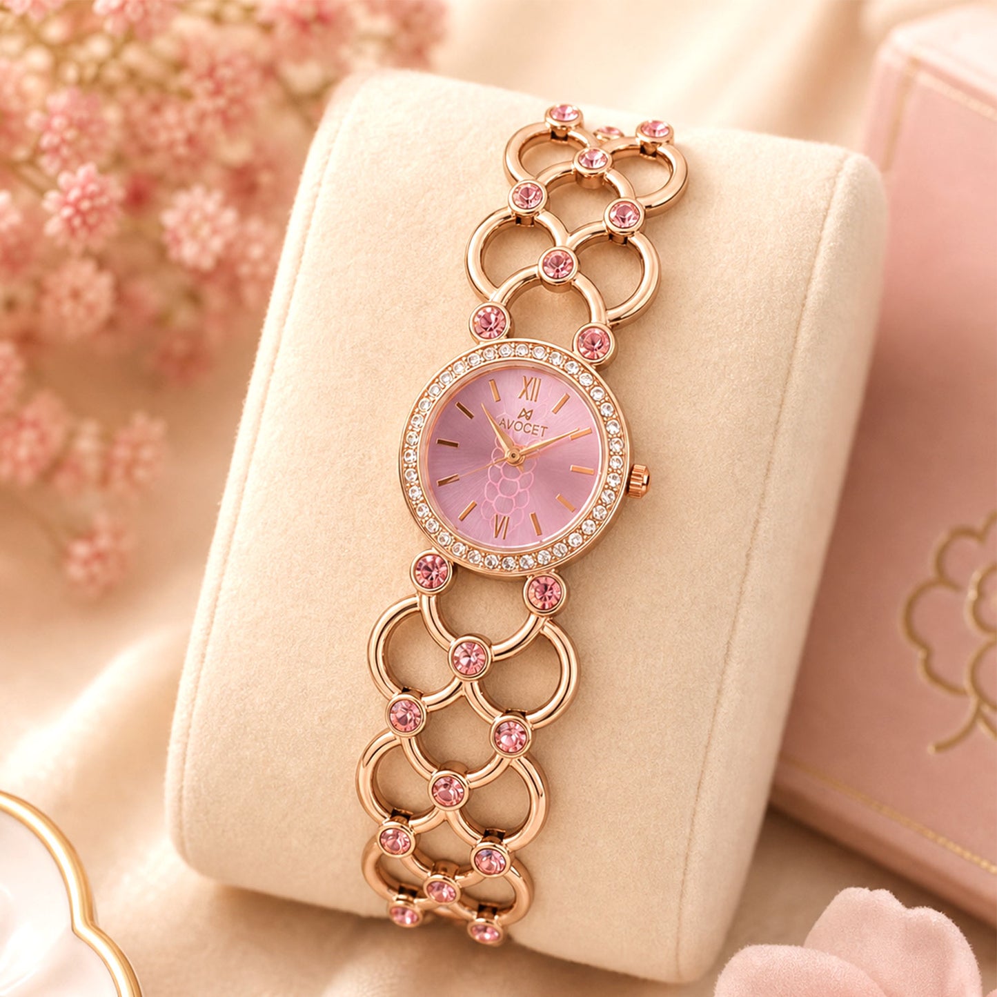 Rose Gold Round Shape Dial Watch with Crystal Bracelet Style Strap for Women
