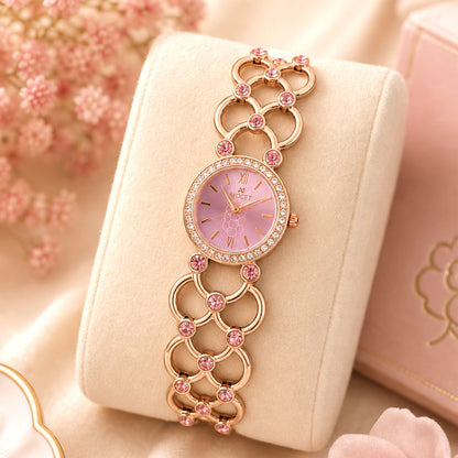 Rose Gold Round Shape Dial Watch with Crystal Bracelet Style Strap for Women